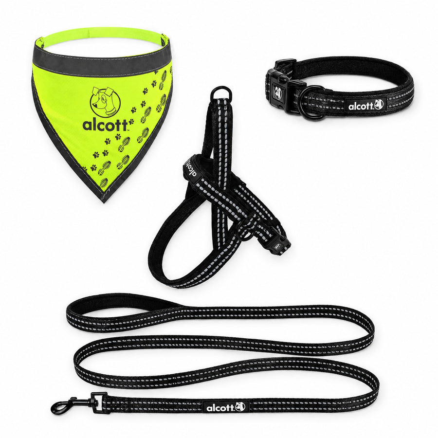 adventure kit with the adventure leash: norwegian harness, adventure leash, adventure collar and neon yellow visibility bandana