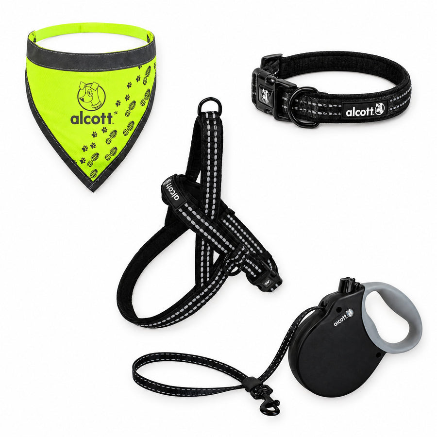adventure kit with the retractable leash: norwegian harness, retractable leash, adventure collar and neon yellow visibility bandana