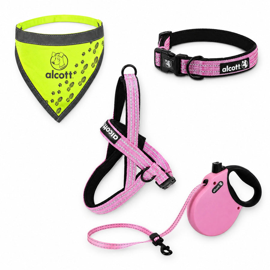 adventure kit with the retractable leash: norwegian harness, retractable leash, adventure collar and neon yellow visibility bandana